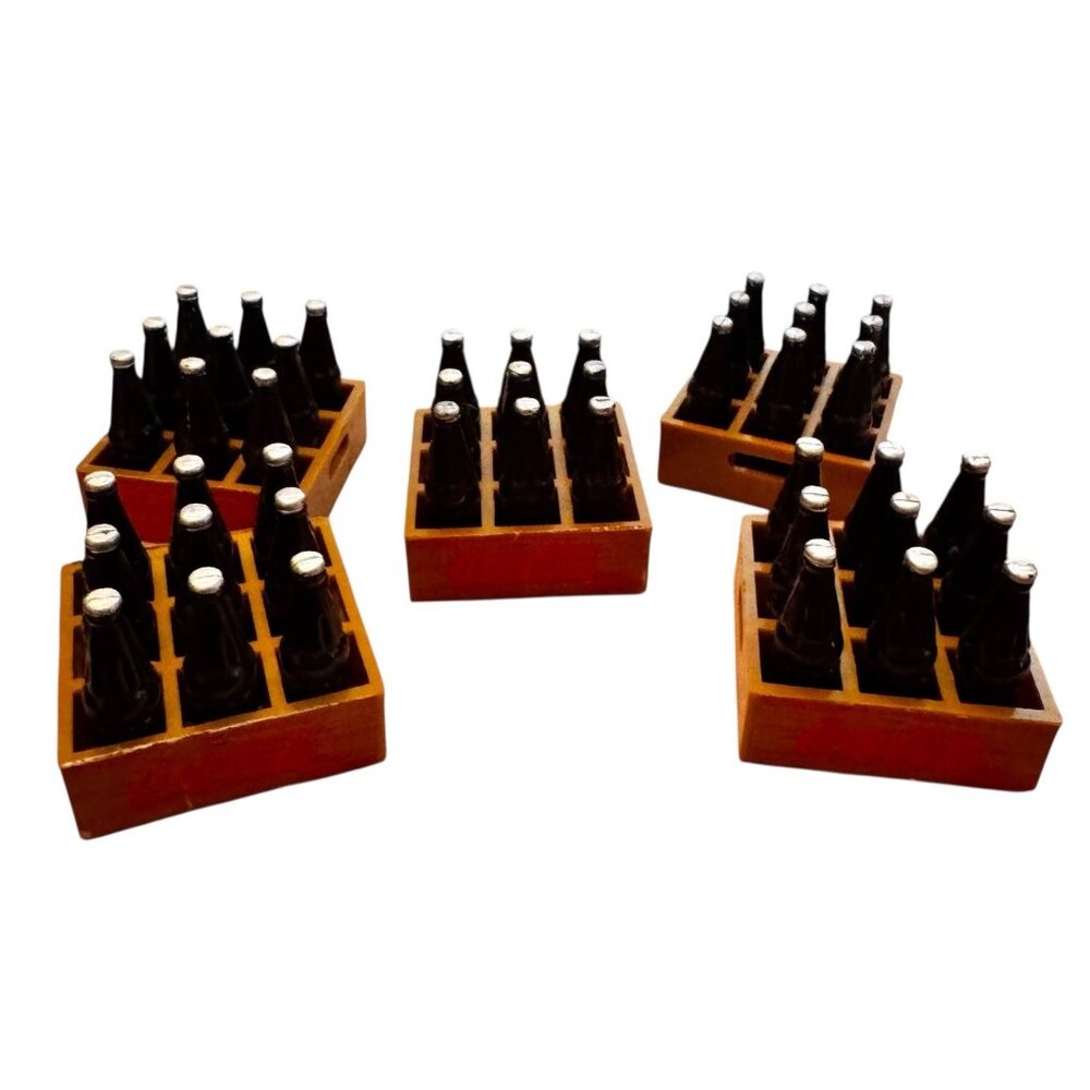 Lot of 5 Miniature Plastic Toy Coke Coca-Cola 9 Bottle Wooden Crates Case